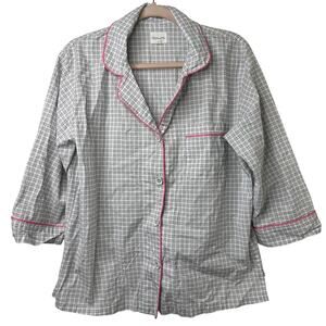 Md BedHead Pajamas Black White Plaid Button-Up Top 3/4 Sleeve Pink Trim Organic